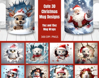 3D Christmas Mug Wrap Bundle| 11oz and 15oz Mug Templates | Instant Download | Mug Sublimation PNG | Animal Mug Designs