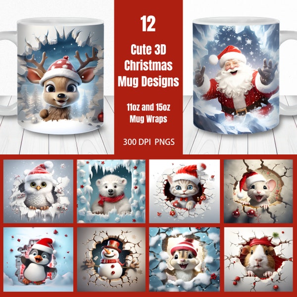 Paquet d’emballage de tasse de Noël 3D| Modèles de tasses de 11 oz et 15 oz | Téléchargement instantané | Tasse Sublimation PNG | Modèles de tasses d'animaux