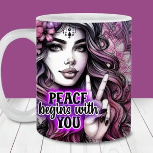 La paix commence avec vous emballage de tasse d'affirmation, modèle d'emballage de tasse de 11 oz et 15 oz, téléchargement immédiat, tasse de café de citation inspirante