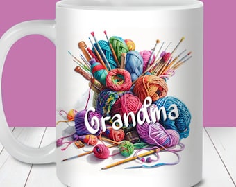 Grandma Love You Mug Wrap, 11oz and 15oz Mug Template, Instant Digital Download, Mug Sublimation PNG, Knitting Grandma Mug