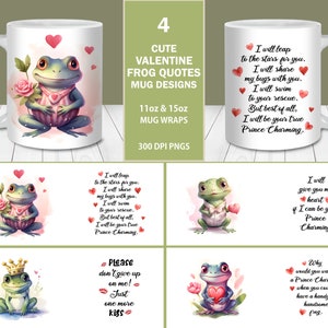 Valentine Frog Quotes Mug Wrap Bundle, modèle de tasse de 11 oz et 15 oz, téléchargement instantané, conceptions de tasse de la Saint-Valentin, tasse à café grenouille, tasse de proposition