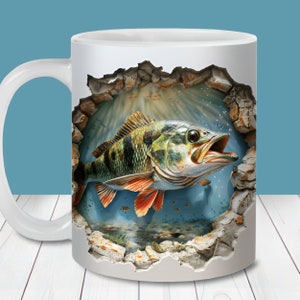 Envoltura para taza con agujero de pez en la pared en 3D, plantilla para taza de 11 oz y 15 oz, descarga digital instantánea, sublimación de taza PNG, diseño de taza de pesca