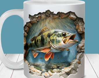 3D Fish Hole in a Wall Mug Wrap, 11oz and 15oz Mug Template, Instant Digital Download, Mug Sublimation PNG, Fishing Mug Design