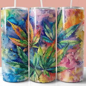 Bunte Cannabis Marihuana Tumbler Wrap, 20 Unzen Skinny Tumbler Sublimation PNG, Alkohol Tinte Weed Blatt Tumbler, Instant Download