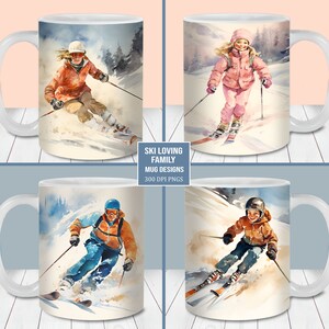Pack d'emballage de tasse de ski famille, modèle de tasse de 11 oz et 15 oz, téléchargement numérique instantané, sublimation de tasse PNG, conception de tasse d'amant de ski