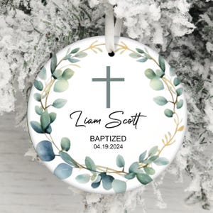 Ornement personnalisé prénom Date de baptême PNG, sublimation PNG d'ornement bébé nouveau-né filleul, cadeau nouvelle maman, ornement de baptême que Dieu vous bénisse