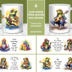 Pacchetto avvolgente tazza con citazioni di rana hippie carina, modello di tazza da 11 once e 15 once, download digitale istantaneo, disegni di tazza di rana, tazza da caffè con citazione di rana