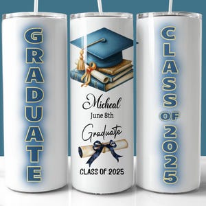 Blau Gold Graduierung 2025 Tumbler Wrap PNG, 20 Unzen Skinny Tumbler PNG, personalisiertes Abschlussgeschenk, graduiertenklasse von 2025 Tumbler png