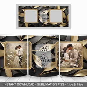 Envoltura de taza fotográfica Mr. and Mrs. Gold Black, envoltura de taza de boda, plantilla de taza de 11 oz y 15 oz, sublimación de taza PNG, diseño de taza Mr & Mrs.