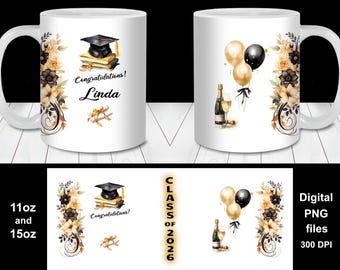 Class of 2026 Graduation Mug Wrap PNG, Gold and Black Personalized Gift (Digital Download), Custom Name Date