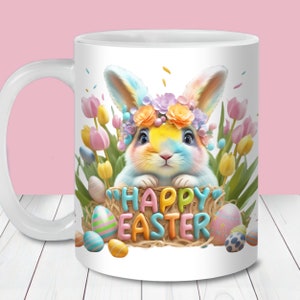3D Happy Easter Bunny Mug Wrap PNG, modèle de tasse 11 oz et 15 oz, sublimation de tasse PNG, tasse Joyeuses Pâques, tasse à café lapin de Pâques