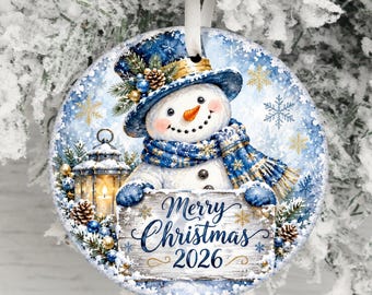 Merry Christmas 2026 Snowman Ornament PNG, Blue Silver Design (Digital Download)