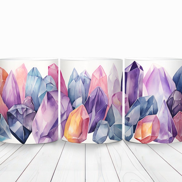 Watercolor Crystals Mug Wrap, 11oz and 15oz Mug Template, Instant Digital Download, Mug Sublimation PNG, Birthday Gift Mug