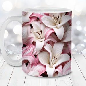 3D Pink White Lilies Mug Wrap, 11oz and 15oz Mug Template, Instant Digital Download, Mug Sublimation PNG, Mom Gift Mug, Floral Mug Wrap