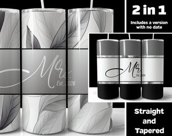 Mr and Mrs 2026 Black and White Tumbler Wrap, 20oz Personalized His and Hers Wedding Gift PNG (Digital Download)