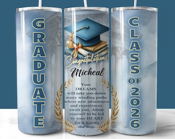 Adesivo para copo térmico azul e dourado de formatura 2026, copo fino de 590ml (20oz), PNG, presente de formatura personalizado, download digital.