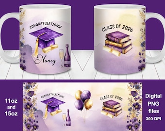 Purple Gold Graduation Mug Wrap PNG, Class of 2026 Personalized Graduation Gift (Digital Download), Custom Name Date
