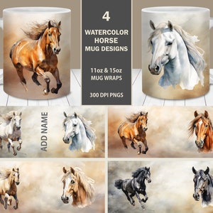 Aquarell Pferde Becher Wrap Bundle 11 Unzen und 15 Unzen Becher Vorlagen, sofortiger digitaler Download, Bauernhof Tier Becher PNG, Pferd Kaffeebecher