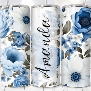 Blauwe aquarel bloemen Voeg een naam toe Tumbler Wrap, 20oz Skinny Tumbler Sublimatie PNG, Rechte en taps toelopende Tumbler Wrap, Instant Download