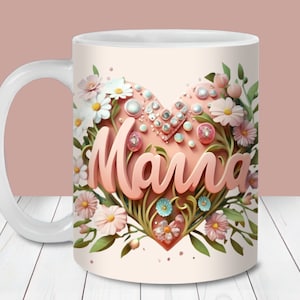 Emballage de tasse 3D maman pêche fleurs roses, modèle de tasse 11 oz et 15 oz, téléchargement immédiat, sublimation de tasse PNG, cadeau de fête des mères