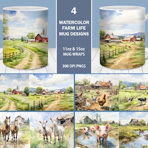 Paquete de envoltura de tazas de vida de granja de acuarela, plantilla de envoltura de taza de 11 oz y 15 oz, descarga digital instantánea, sublimación de taza PNG, taza de café de granja