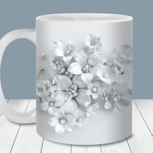 3D Diamond White Flowers Mug Wrap, 11oz and 15oz Mug Template, Mug Sublimation PNG, Instant Digital Download, Floral Mug Design