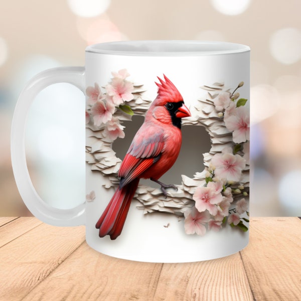 3D Red Cardinal Hole in a Wall Mug Wrap, 11oz and 15oz Mug Template, Instant Digital Download, Mug Sublimation PNG | Bird Mug Wrap PNG|