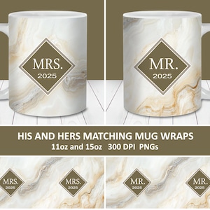 Mr and Mrs 2025 Beige Marble Mug Wraps PNG, 11oz and 15oz Mug Template Sublimation PNG, Instant Download, His and Hers Matching Mug Set