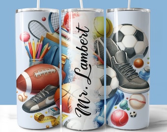 Gym Teacher Name Tumbler Wrap, 20 oz Skinny Tumbler Sublimation PNG, Gym Sports Teacher Student Personalized Tumbler, Instant Download