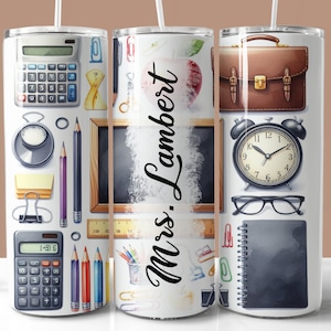 Lehrername Tumbler Wrap PNG, 20 Unze Skinny Tumbler Sublimation PNG, Zurück zu Schullehrer Schüler personalisierter Tumbler