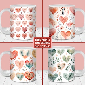 Paquete de envoltura de tazas Boho Valentine Hearts, plantilla de taza de 11 oz y 15 oz, descarga instantánea, diseños de tazas de San Valentín, taza de café de corazones de acuarela