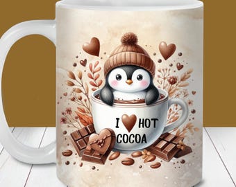 Penguin Hot Cocoa Mug Wrap, 11oz and 15oz Mug Templates, Personalized Hot Chocolate Mug Sublimation PNG, Christmas Mug Design
