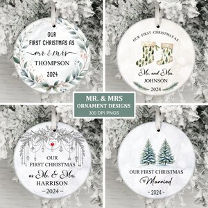 Nuestro primer paquete de adornos navideños como señor y señora 2024, adorno navideño de sublimación PNG para esposo y esposa, regalo personalizado para recién casados