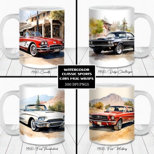 Paquete de envoltorios para tazas con autos deportivos clásicos en acuarela, plantilla para tazas de 11 oz y 15 oz, descarga digital instantánea, sublimación de tazas PNG, taza de autos clásicos