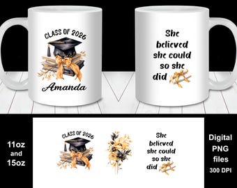 Gold and Black Graduation Mug Wrap PNG, Class of 2026 Personalized Gift (Digital Download), Custom Name Date