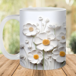3D White Wildflowers Mug Wrap, 11oz and 15oz Mug Template, Instant Digital Download, Mug Sublimation PNG, Wedding Gift Mug, Floral Mug Wrap