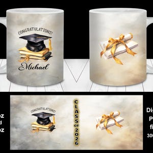 Kubek z okazji ukończenia szkoły w kolorze złotym i czarnym, PNG, spersonalizowany prezent na ukończenie szkoły w 2026 roku (do pobrania w wersji cyfrowej), niestandardowe imię i data