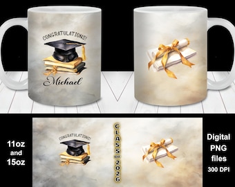 Gold and Black Graduation Mug Wrap PNG, Class of 2026 Personalized Graduation Gift (Digital Download), Custom Name and Date