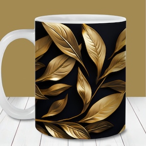 Envoltório de caneca com folhas de ouro, modelo de caneca de 11 onças e 15 onças, download digital instantâneo, sublimação de caneca PNG, caneca do dia das mães, caneca botânica