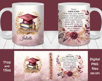 Burgundy and Gold Graduation Mug Wrap, Class of 2026 Personalized Gift PNG (Digital Download), Custom Name and Date