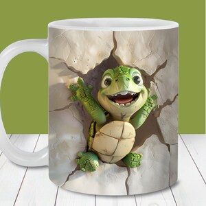 Lindo envoltorio para taza con forma de agujero en la pared de tortuga, plantilla para envoltorio de taza de 11 oz y 15 oz, descarga digital instantánea, sublimación de taza PNG, diseño de taza con forma de tortuga