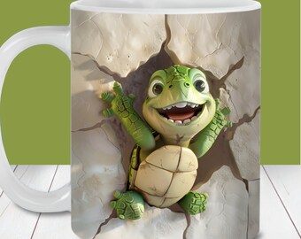 Cute Turtle Hole in a Wall Mug Wrap, 11oz and 15oz Mug Wrap Template, Instant Digital Download, Mug Sublimation PNG, Turtle Mug Design