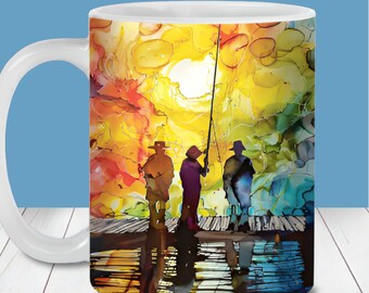 Fishing Scene Alcohol Ink Wall Mug Wrap, 11oz and 15oz Mug Template, Instant Digital Download, Mug Sublimation PNG, Fishing Mug Design