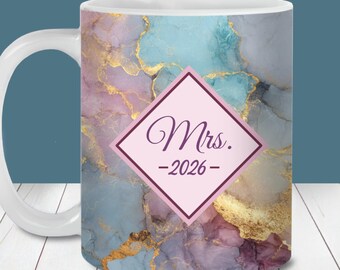 Mrs. 2026 Pink Marble Mug Wrap, Personalized Bridal Shower Wedding Gift PNG (Digital Download), 11oz 15oz template
