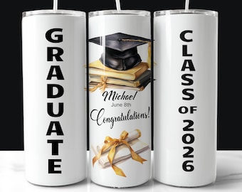 Personalized Graduation 20oz Tumbler Wrap PNG, Class of 2026 Gift, Custom Name & Date, Digital Download