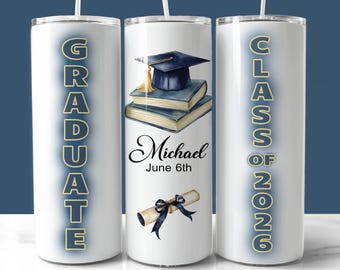 Envoltura para vaso de graduación azul y dorado 2026, PNG, regalo personalizado (vaso delgado de 20 oz)