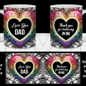 Ti amo papà Mandala Heart Mug Wrap PNG, 11oz e 15oz Mug Wrap Template, Download istantaneo, Papà Citazione ispiratrice Tazza, Papà Heart Gift Mug