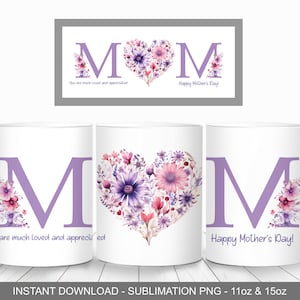 Moederdag bloemenhart mok wrap, 11oz en 15oz mok sjabloon, Instant Download, mok sublimatie PNG, roze en paarse bloemen mok wrap