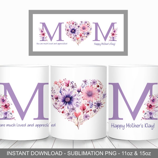 Emballage de tasse coeur floral fête des mères, modèle de tasse 11 oz et 15 oz, téléchargement immédiat, sublimation de tasse PNG, emballage de tasse fleurs roses et violettes