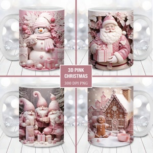 3D stoffige roze kerstmok wrap bundel, 11oz en 15oz mok sjabloon, instant digitale download, moksublimatie png, kerstmok png
